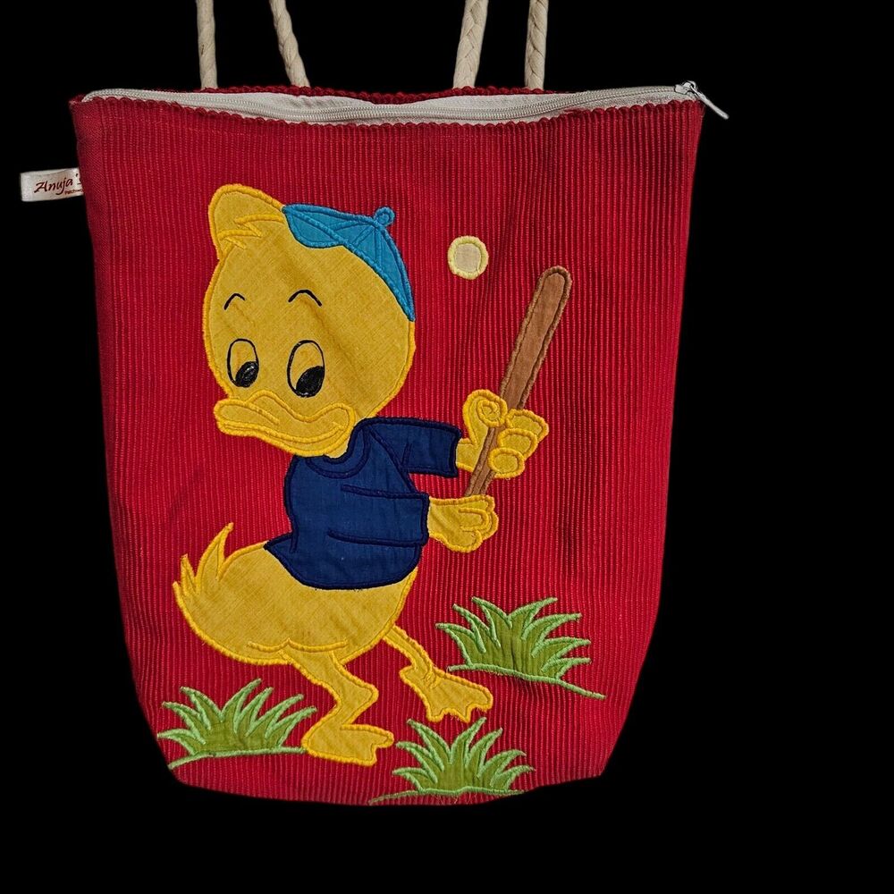 Quilted Patchwork Of Boy Duck Playing Baseball On A Corduroy Bag With Handles